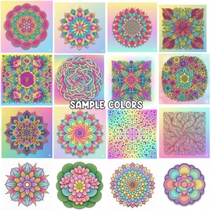 Pu&ograve; includere: Una collezione di colorati disegni mandala in varie forme, inclusi motivi circolari e quadrati. I disegni presentano dettagli intricati e una vibrante tavolozza di colori arcobaleno. Il testo "SAMPLE COLORS" &egrave; visualizzato.