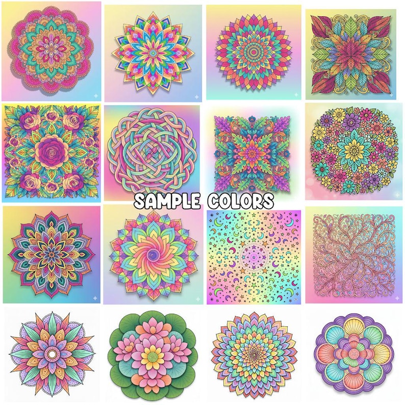 Pu&ograve; includere: Una collezione di colorati disegni mandala in varie forme, inclusi motivi circolari e quadrati. I disegni presentano dettagli intricati e una vibrante tavolozza di colori arcobaleno. Il testo "SAMPLE COLORS" &egrave; visualizzato.