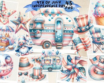 Söt självständighetsdagen Clipart, 4 juli akvarell Clipart Bundle, Patriotisk, Självständighetsdagen USA America Day, Scrapbook, Skräpjournal