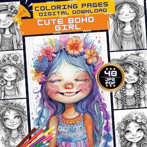 Cute Boho Girl Coloring Pages, Hippie Girl Floral Printable Coloring, Bohemian Girl Coloring Book for Adults, Relax and Stress Relief