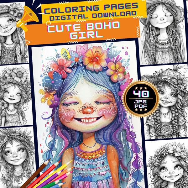 Cute Boho Girl Coloring Pages, Hippie Girl Floral Printable Coloring, Bohemian Girl Coloring Book for Adults, Relax and Stress Relief