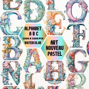 Art Nouveau Pastel Clipart, Alfabeto inglés completo, Novela de fantasía de ilustración mística, Descarga de archivos mágicos, iniciales iluminadas