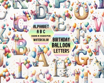 May include: Watercolor alphabet letters with a birthday theme. Each letter is decorated with balloons, confetti, and party hats. The letters are in a rainbow of colors and have a sparkly, glittery finish.