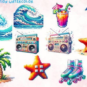 Pixel Summer Watercolor Clipart, Pixel Beach Clipart, Pixel Game ...