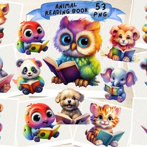 Niedliche Tiere lesen Buch Aquarell Clipart, Booklover Tiere, Karten machen Scrapbook, Kinderzimmer Illustration, lesen Tiere Fantasy