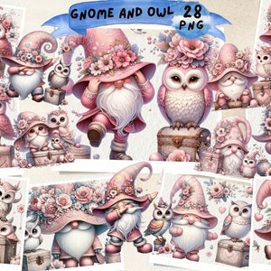 Clipart gnome hibou, clipart mignon nain, couleurs pastel nain pour chambre d'enfant aquarelle hibou, fabrication de cartes de Noël, journal indésirable, scrapbooking