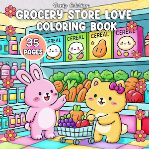 May include: A colorful illustration of a coloring book titled "Grocery Store Love Coloring Book" with 35 pages. The image features cartoon animals, groceries, and the word "Cereal" on boxes.