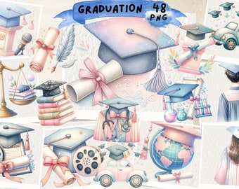 Watercolor Graduation Clipart: Cap, Gown, Diploma (PNG)