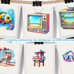Pixel Summer Watercolor Clipart, Pixel Beach Clipart, Pixel Game ...