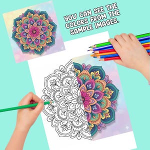 Pu&ograve; includere: Una pagina da colorare mandala con un design floreale, parzialmente colorata e una versione completamente colorata. L'immagine include il testo "YOU CAN SEE THE COLORS FROM THE SAMPLE IMAGES." Una mano tiene in mano delle matite colorate e un'altra mano sta colorando con una matita verde.