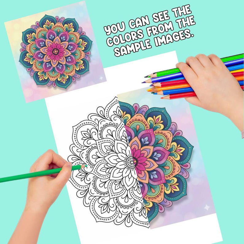 Pu&ograve; includere: Una pagina da colorare mandala con un design floreale, parzialmente colorata e una versione completamente colorata. L'immagine include il testo "YOU CAN SEE THE COLORS FROM THE SAMPLE IMAGES." Una mano tiene in mano delle matite colorate e un'altra mano sta colorando con una matita verde.