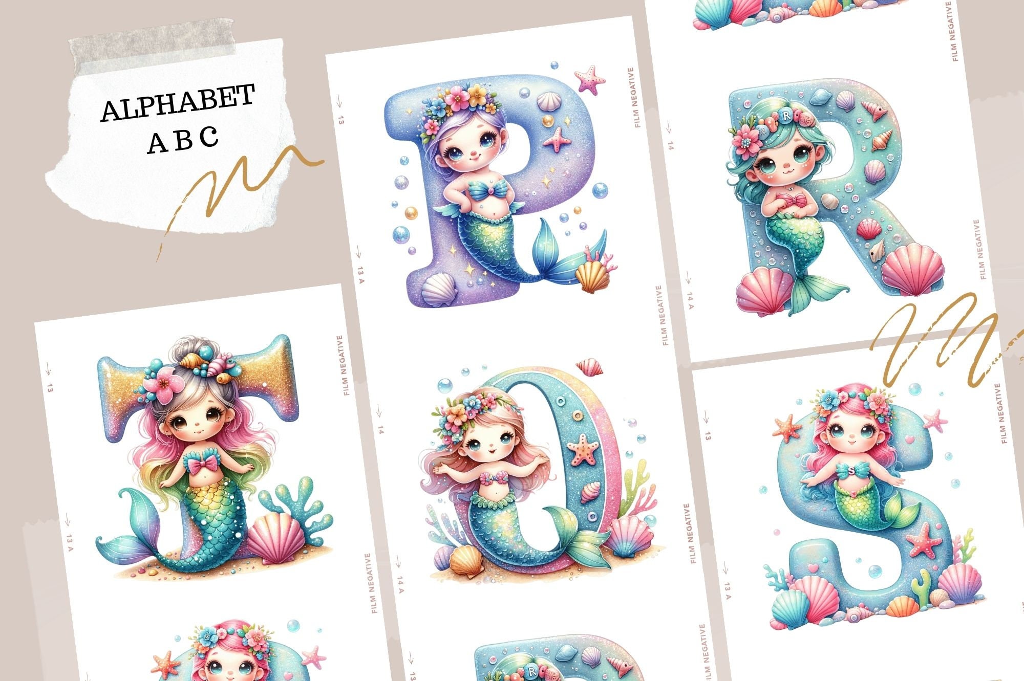 Mermaid Alphabet Clipart: Doodle Watercolor Letters (PNG) - Etsy
