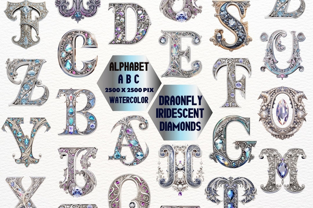 Platinum Iridescent Diamonds Alphabet , Gold Satin and Diamond Alphabet ...