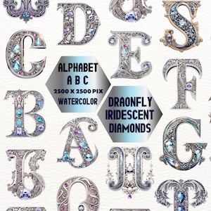 Platinum Iridescent Diamonds Alphabet , Gold Satin and Diamond Alphabet, Digital Clip Art, Gold Diamond Letters, Metallic Glam Alphabet