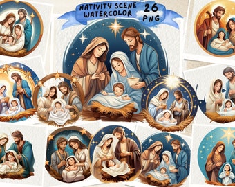 Watercolor Nativity Scene Clipart, Christmas Nativity Clipart, Religious Clipart Baby Jesus, Catholic Prints, Sublimation, Instant download