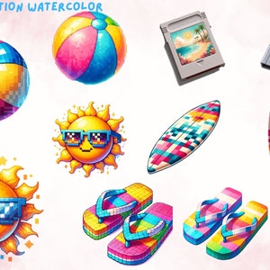 Pixel Summer Watercolor Clipart, Pixel Beach Clipart, Pixel Game ...
