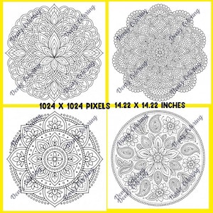 Pu&ograve; includere: Quattro disegni mandala in bianco e nero con motivi intricati. L'immagine include il testo "1024 x 1024 pixel 36,12 x 36,12 cm". Ogni mandala presenta un design floreale o geometrico unico.
