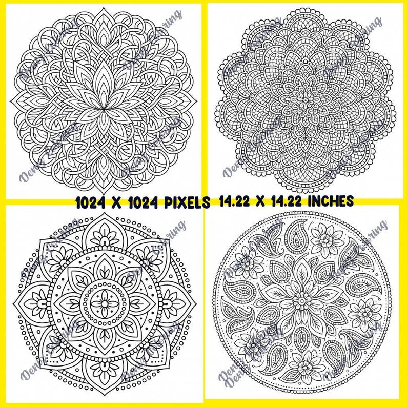 Pu&ograve; includere: Quattro disegni mandala in bianco e nero con motivi intricati. L'immagine include il testo "1024 x 1024 pixel 36,12 x 36,12 cm". Ogni mandala presenta un design floreale o geometrico unico.