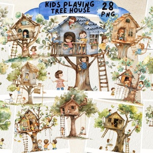 Bambini che giocano alla casa sull'albero, Clipart della casa sull'albero, Planner digitale, Ritorno a scuola, Lavagna, Istruzione, Album di ritagli, Diario di scarto