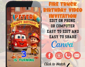 Fire Truck Birthday Video Invitation: Animated Canva Template (Digital)