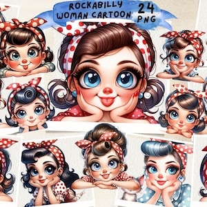 Rockabilly Chibi Clipart, Rockabilly Brunette Pin Up, Graphics Download Scrapbooking, Pin Up, Retro Scrapbook Rockabilly, Junk Journal