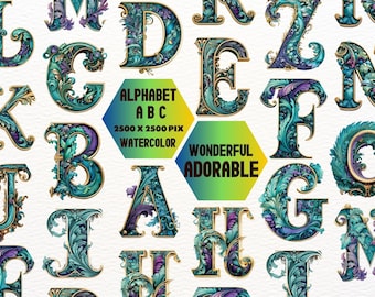 Gold Greens Alphabet, Celtic Alphabet, letters clipart, Ornate Decorative Greens Gold alphabet, illustration set, stickers, Scrapbook