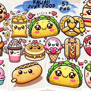 Adorable Kawaii Junk Food Clipart, Cute Digital Food Illustrations for Scrapbooking, Stickers, Invitations, and Craft Projects, Food Clipart
