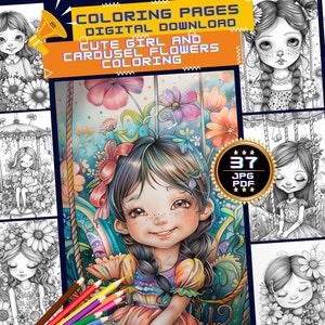 Cute Girls Carousel Coloring Pages, Girls Carousel Coloring Page, Carousel Flower Coloring, Instant Download, Girls Floral Carousel Coloring