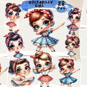 Rockabilly Chibi Clipart, Rockabilly Brunette Pin Up, Graphics Download Scrapbooking, Pin Up, Retro Scrapbook Rockabilly, Junk Journal