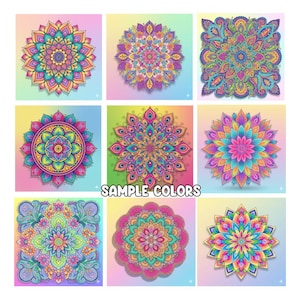 Pu&ograve; includere: Nove disegni di mandala colorati con motivi intricati sono mostrati su uno sfondo sfumato. I mandala presentano una variet&agrave; di colori, tra cui rosa, blu, giallo e verde. Il testo "SAMPLE COLORS" &egrave; stampato al centro.