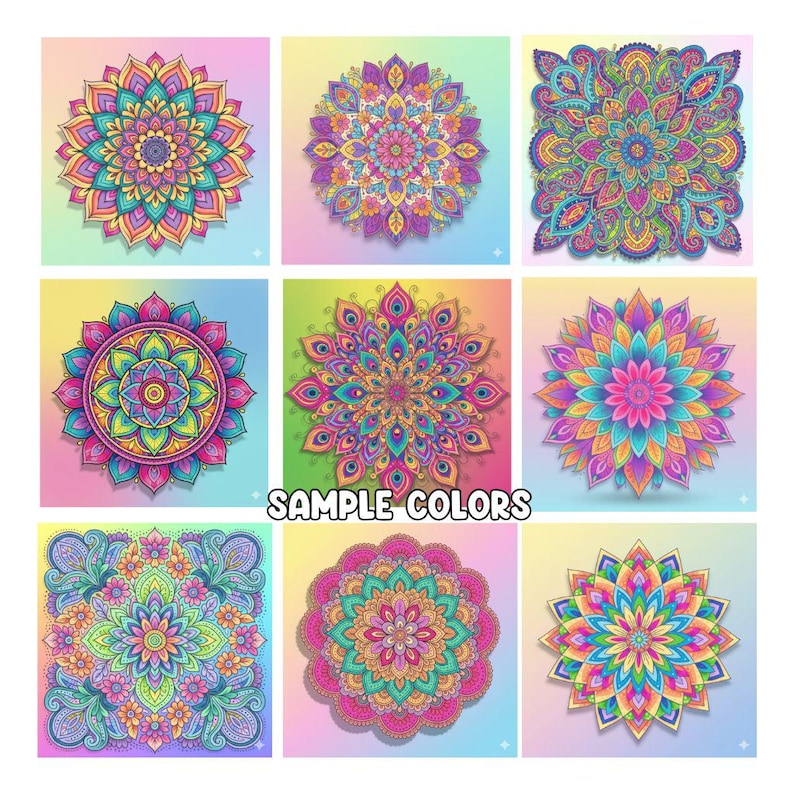 Pu&ograve; includere: Nove disegni di mandala colorati con motivi intricati sono mostrati su uno sfondo sfumato. I mandala presentano una variet&agrave; di colori, tra cui rosa, blu, giallo e verde. Il testo "SAMPLE COLORS" &egrave; stampato al centro.