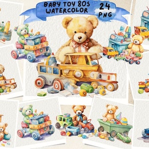 Vintage Spielzeug Clipart, Baby Spielzeug Clipart, Holzklötze, Plüsch Hase, Kinderzimmer Dekor, Baby-Dusche, Vintage Spielzeug, digitale Downloads Kartenherstellung