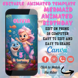 Editable Mermaid and Shark Birthday Invitation Animated Video Template for Girls Under the Sea Theme, Digital Party Invite, Cute Mermaid
