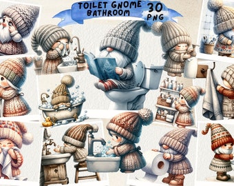 Gnome Bathroom Watercolor Clipart: Funny Toilet Gnomes (PNG)