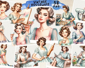 Vintage Housewife Clipart: 1950s Retro Ladies PNG (Digital Download)