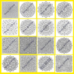 Pu&ograve; includere: Una collezione di sedici pagine da colorare con mandala in bianco e nero. Ogni pagina presenta disegni intricati e simmetrici, tra cui motivi floreali, geometrici e celesti. Le pagine sono disposte in una griglia su sfondo giallo, con il testo "Deniz Coloring".