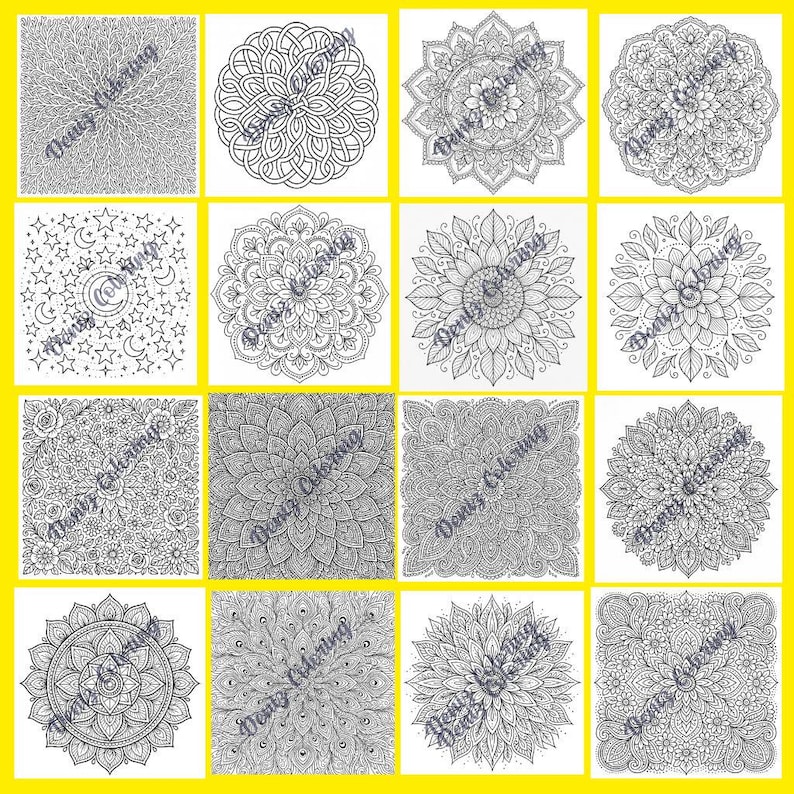 Pu&ograve; includere: Una collezione di sedici pagine da colorare con mandala in bianco e nero. Ogni pagina presenta disegni intricati e simmetrici, tra cui motivi floreali, geometrici e celesti. Le pagine sono disposte in una griglia su sfondo giallo, con il testo "Deniz Coloring".