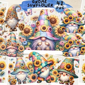 Sunflowers Gnome Watercolor Clipart bundle, Garden clipart, Spring gnome png graphics, Gnome With Flowers, Junk Journal, Scrapbooking