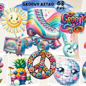 Groovy Retro clipart, Hippie Rainbow, Piece Sign, Retro Hippie, Positive Wavy Png, Flower Power, Smile Love, Scrapbook, Junk Journal