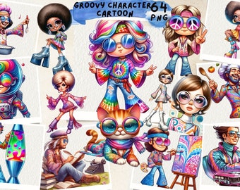 Clipart retrò dei cartoni animati: personaggi hippie alla moda (PNG)