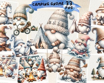 Watercolor Camping Gnome Clipart: Scrapbook & Junk Journal (PNG)