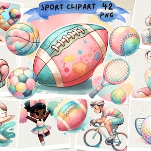 Clipart de esportes, clipart de esportes em aquarela, futebol, basquete, beisebol, futebol, golfe, tênis, vôlei, diário de lixo, scrapbooking