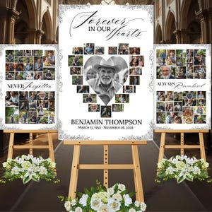 Heart Photo Collage Funeral Sign Template: Funeral Welcome Sign (Digital Download, Canva Edit)