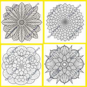 Pu&ograve; includere: Quattro disegni di mandala in bianco e nero su sfondo giallo. Ogni mandala presenta intricati motivi floreali o geometrici, perfetti per la colorazione. I disegni includono dettagliate disposizioni di petali e circolari.