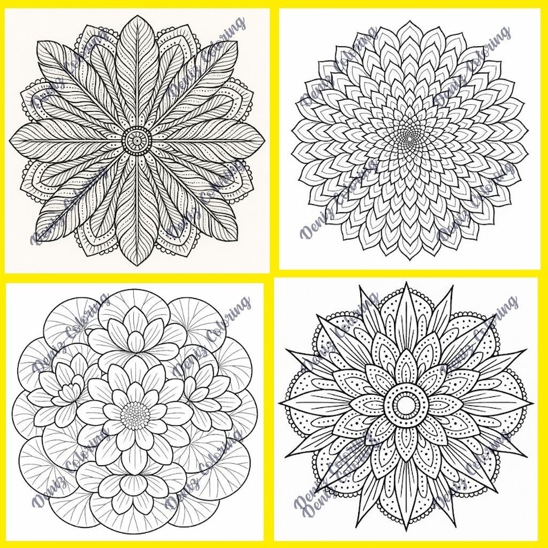 Pu&ograve; includere: Quattro disegni di mandala in bianco e nero su sfondo giallo. Ogni mandala presenta intricati motivi floreali o geometrici, perfetti per la colorazione. I disegni includono dettagliate disposizioni di petali e circolari.