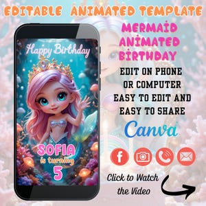 Vídeo de convite de aniversário de sereia para meninas, convite animado para festa submarina, cartão de aniversário de sereia digital editável para festa infantil