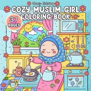 May include: A colorful illustration of a coloring book cover titled "Cozy Muslim Girl Coloring Book" with 37 pages. The image depicts a cartoon girl in a kitchen cooking, with a rainbow and flowers in the background. The color palette includes pink, blue, yellow, and green.