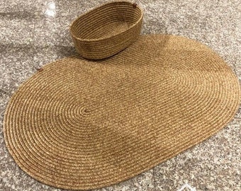 Jute Bath Mat Set with Basket, Bathroom Mat,  Washable Mat Set, 1 Piece Mat and 1 Piece Basket Set, Wicker Color