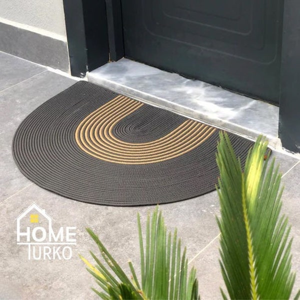 Anthracite Color Jute Striped Doormat, Patterned Doormat, Double Sided Doormat, Outdoor Mat, Bohemian Door Mat