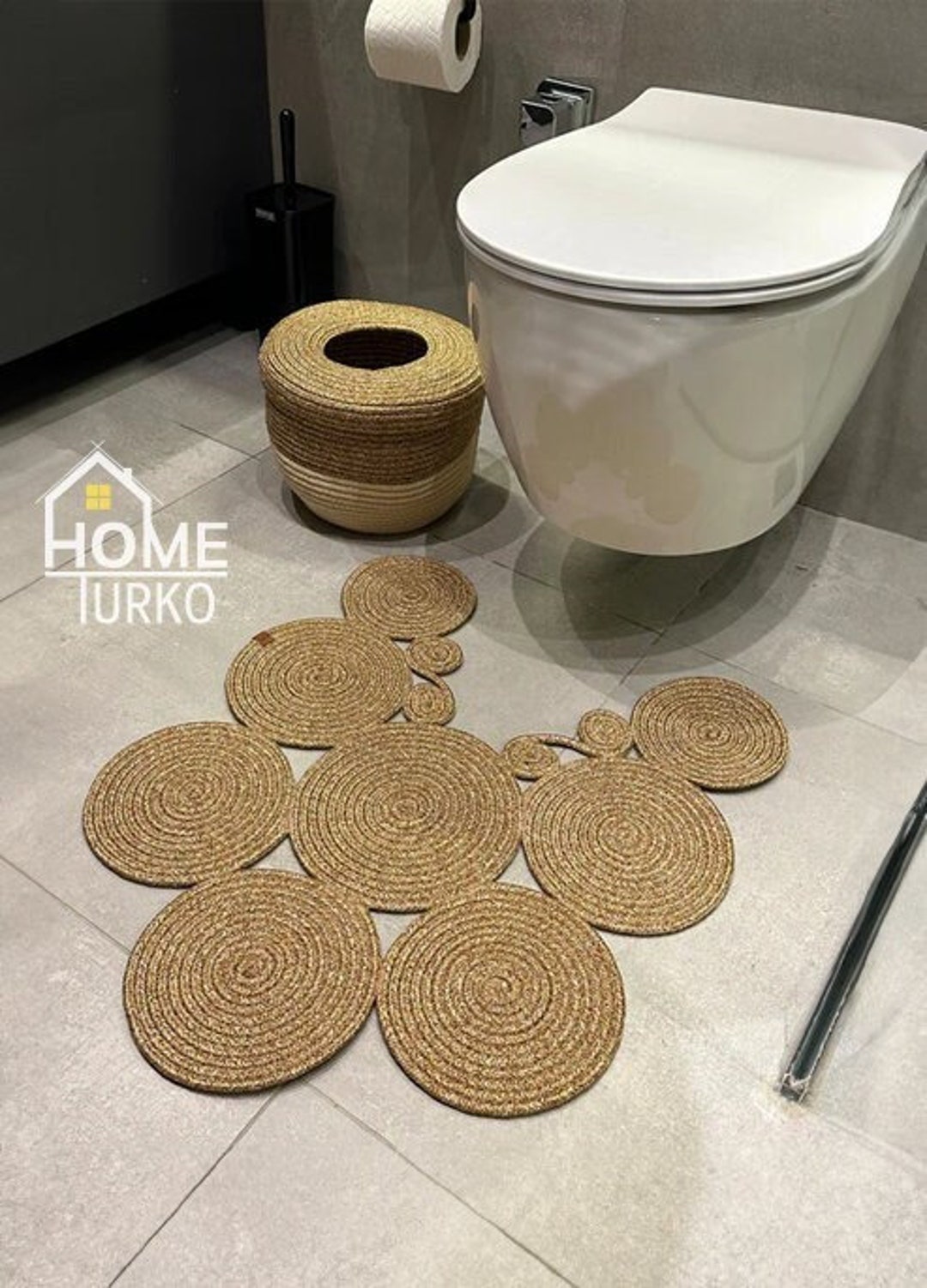 Bathroom Mat With Jute Basket, Toilet Trash Can and Mat, Bath Mat With ...